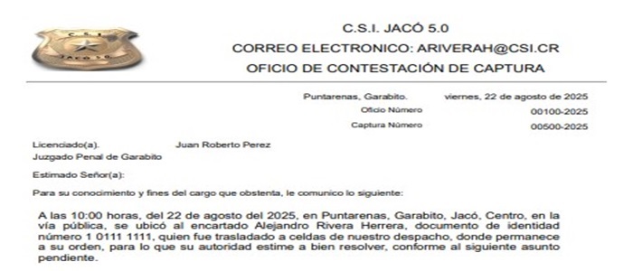 C.S.I. Jaco 5.0 OFICIO CONTESTACIÓN CAPTURA